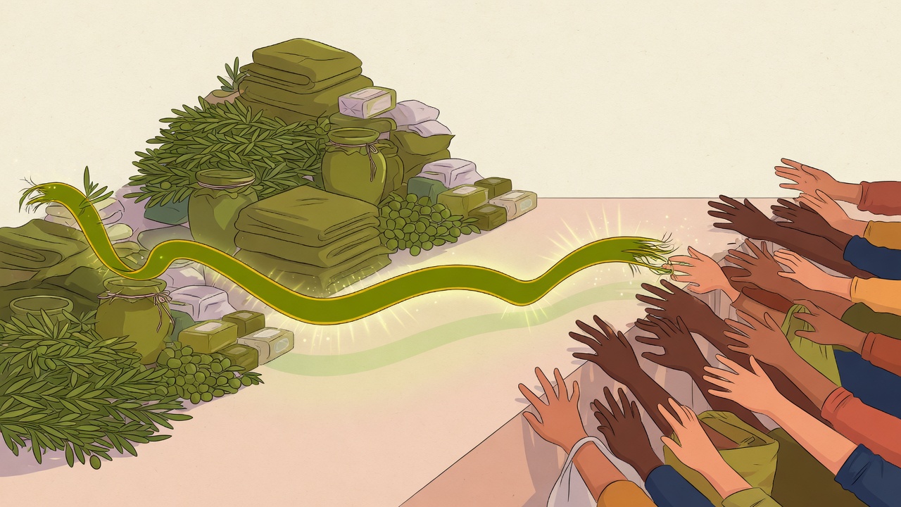 Stacked goods and reaching hands meeting in the middle — a supply-and-demand metaphor