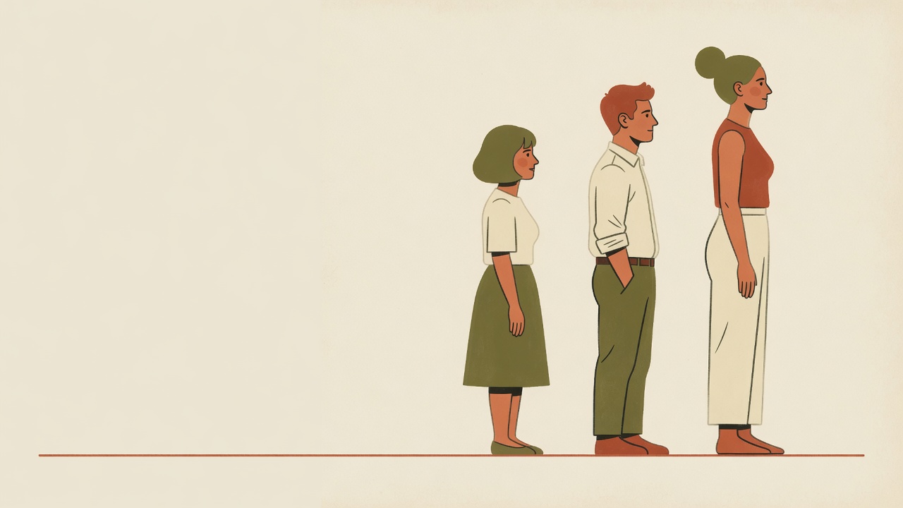 Three adults of clearly different heights standing on the same floor line